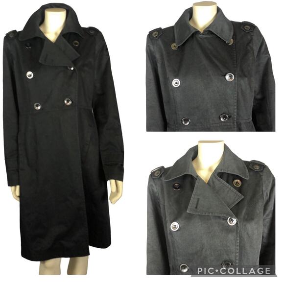 DKNY black double breasted trench coat lined in red size large - Picture 1 of 12